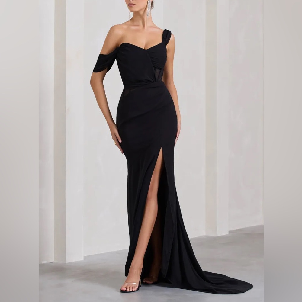 Club L London Fatal Attraction Black Chiffon Fishtail Maxi Dress Draped Sleeves
